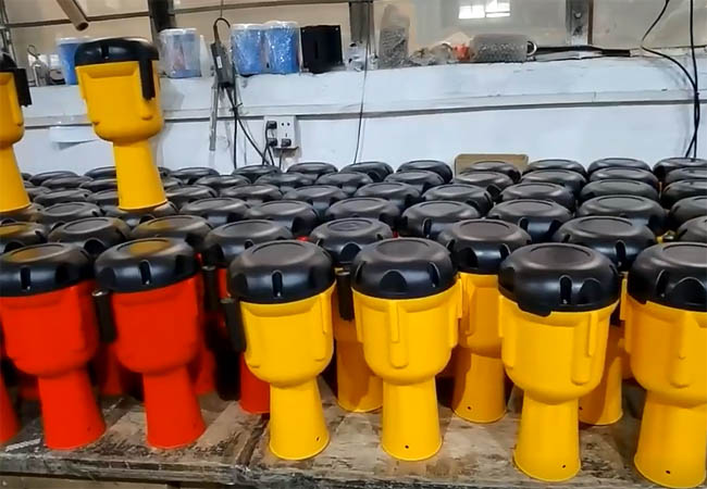 Traffic cone toppers in warehouse